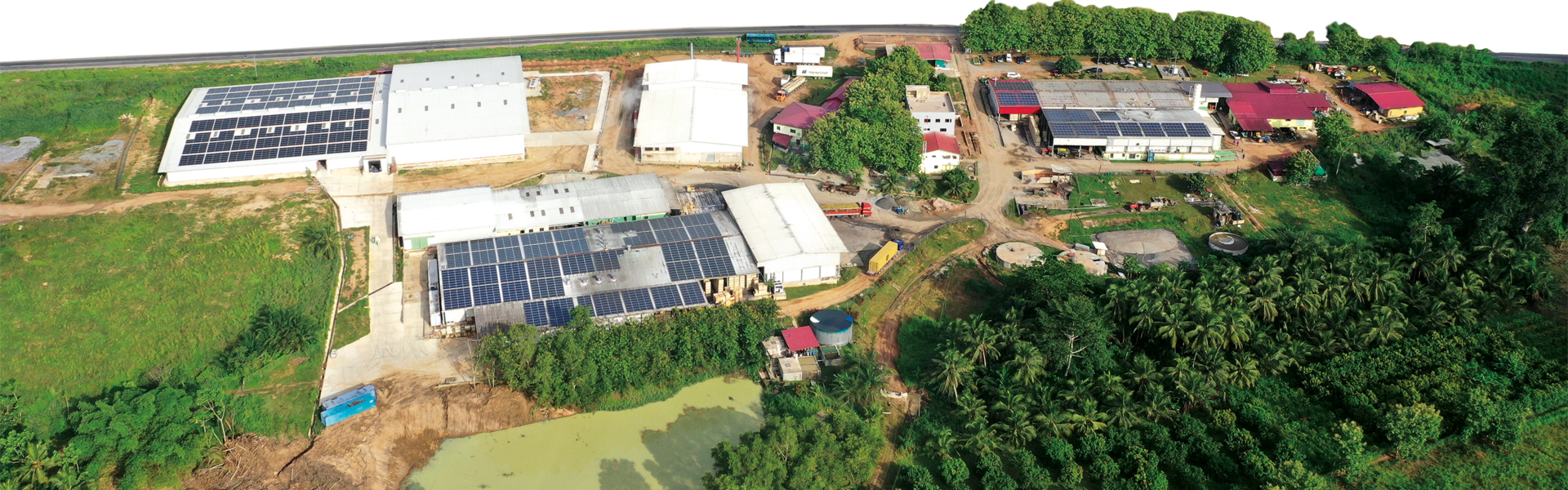 Aerial view of the HPW factory in Ghana with photovoltaic systems on the roof