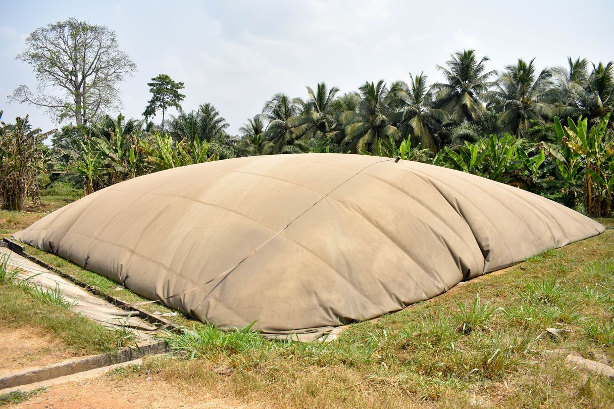 Balloon filled with biogas at the dried fruit factory in Ghana